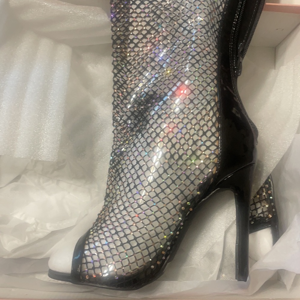 Fishnet Rhinestone Knee Boots - Picture 8 of 9